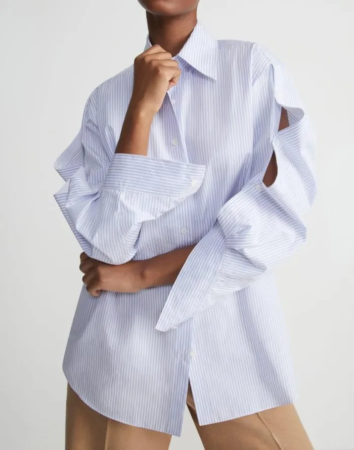 Lafayette 148 New York Stripe Cotton Poplin Button Sleeve Oversized Shirt Wild Bluet Multi Ready To Wear Blouses and Shirts