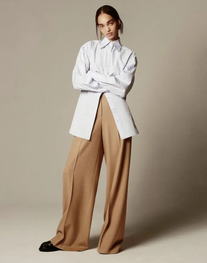 Lafayette 148 New York Stripe Cotton Poplin Button Sleeve Oversized Shirt Wild Bluet Multi Ready To Wear Blouses and Shirts