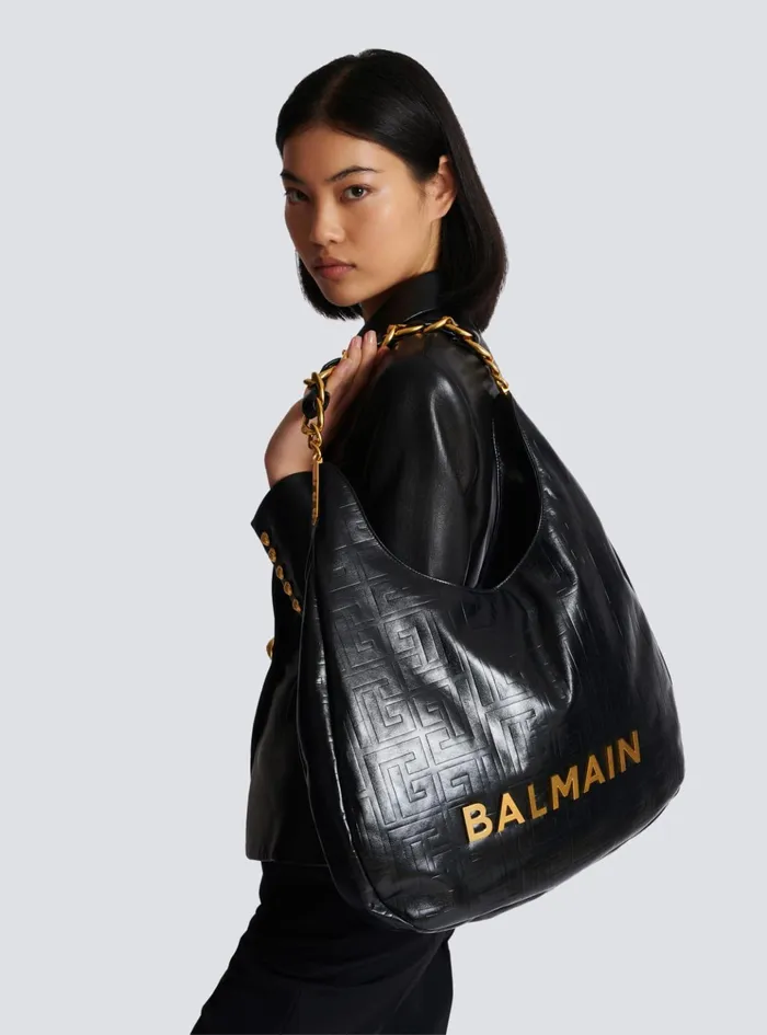Large 1945 Soft Hobo Bag In Crinkled Calfskin Black Women Balmain Shoulder Bags