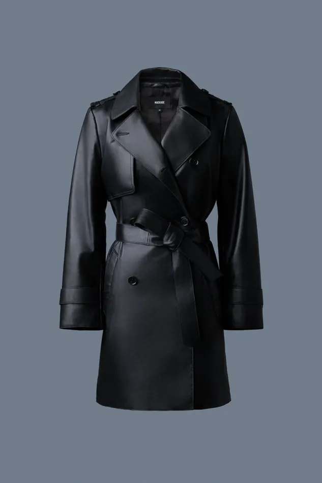 Leather Jackets Women Mackage MELY Long Leather Trench Coat Black