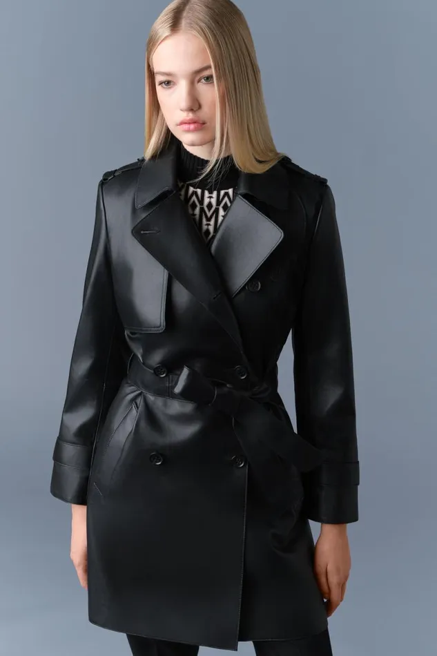 Leather Jackets Women Mackage MELY Long Leather Trench Coat Black