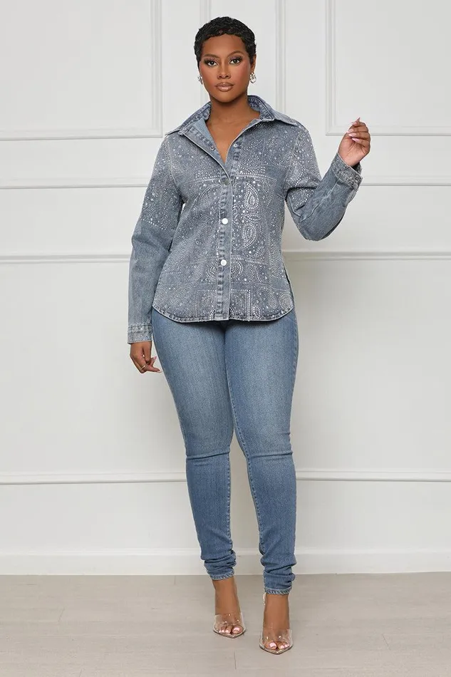 Lilly039s Kloset Denim Women Cowgirl Rhinestone Denim Top FINAL SALE
