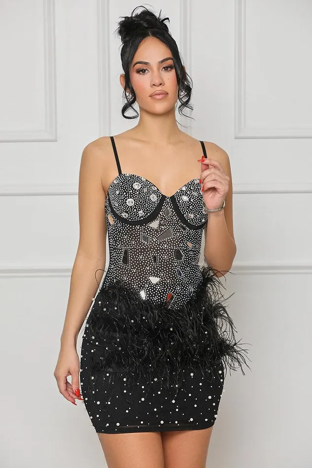Lilly039s Kloset Dresses Women Magnetic Attraction Feather Mini Dress Black FINAL SALE