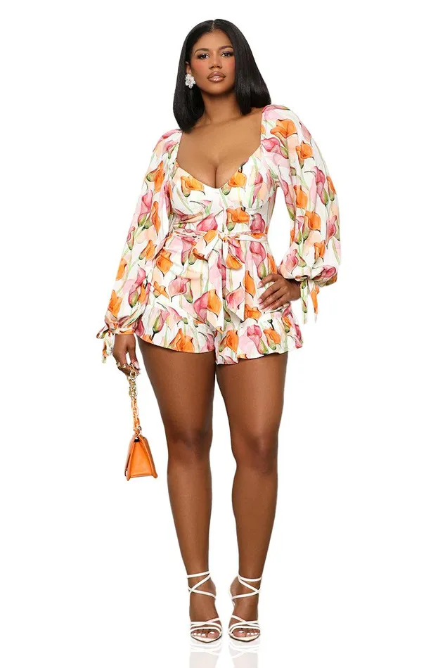 Lilly039s Kloset Jumpsuits and Rompers Women Garden Of Florals Romper Orange Multi