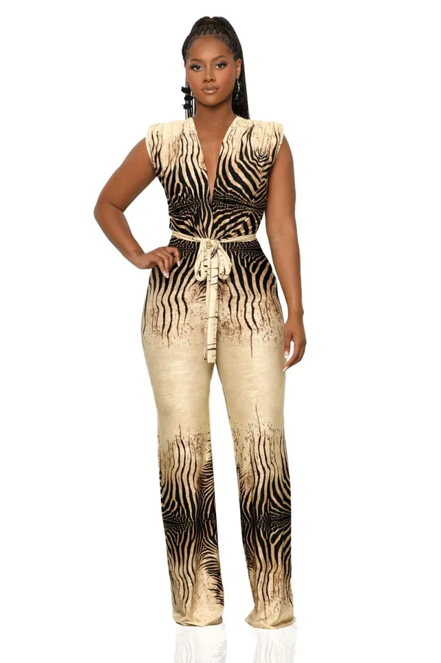 Lilly039s Kloset Jumpsuits and Rompers Women Zebra Safari Jumpsuit Tan Multi