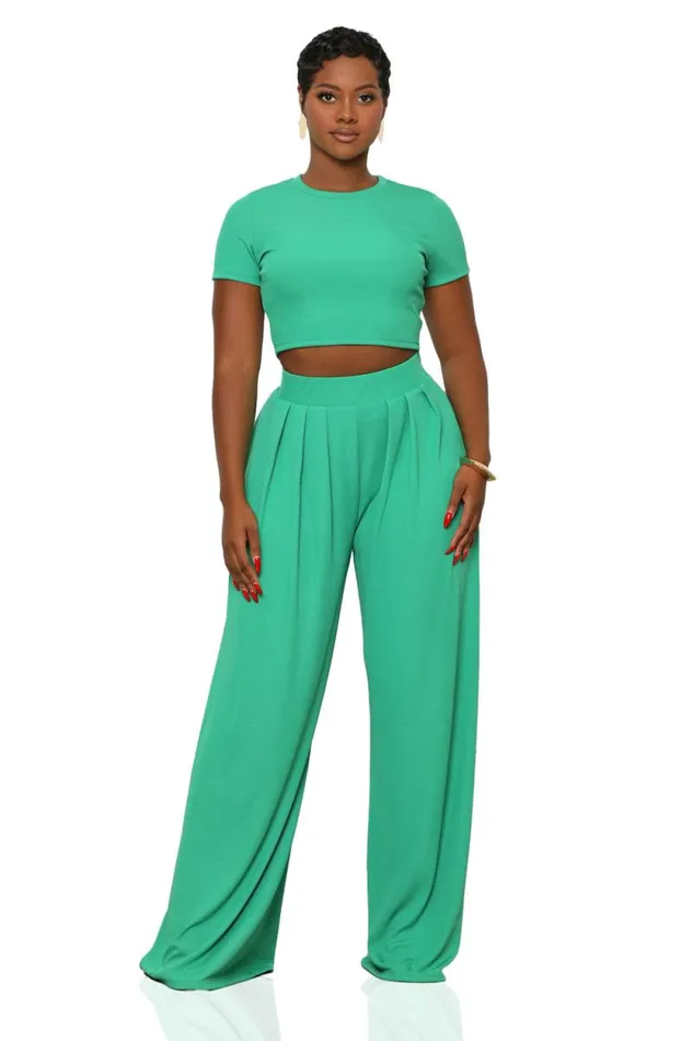 Lilly039s Kloset Sets Women Modern Muse Wide Leg Pants Set Green