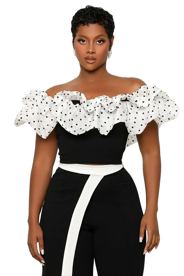 Lilly039s Kloset Tops Women Cold Shoulder Polka Dot Top Black and White