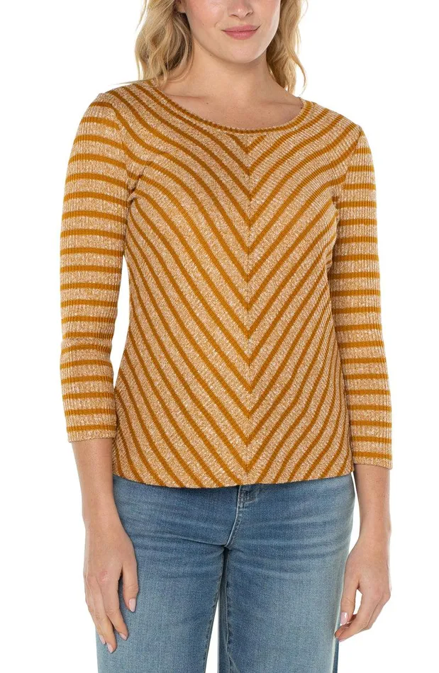 Liverpool Los Angeles 34 SLEEVE KNIT TOP WITH MITER FRONT Gold Stripe Women KNIT TOPS
