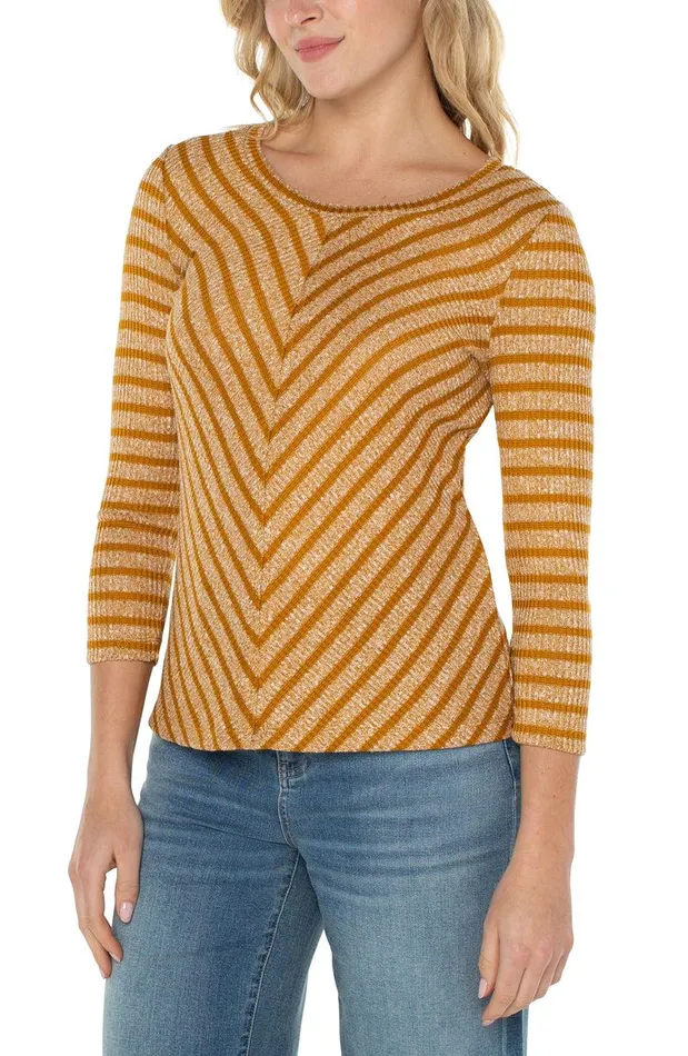 Liverpool Los Angeles 34 SLEEVE KNIT TOP WITH MITER FRONT Gold Stripe Women KNIT TOPS