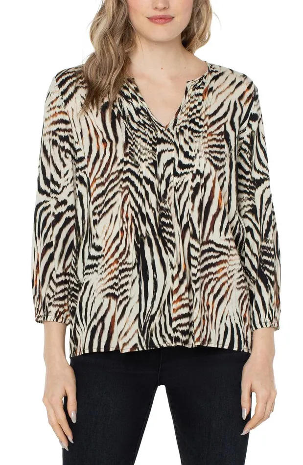 Liverpool Los Angeles 34 SLEEVE PEASANT BLOUSE Allover Patchwork Animal Print Women WOVEN TOPS Liverpool Los Angeles 34 SLEEVE PEASANT BLOUSE Allover Patchwork Animal Print Women WOVEN TOPS