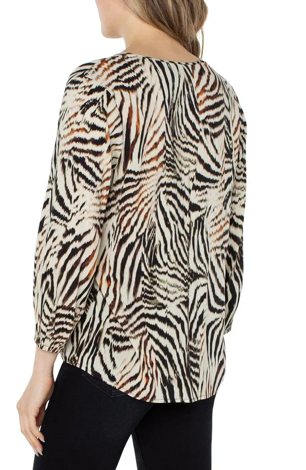 Liverpool Los Angeles 34 SLEEVE PEASANT BLOUSE Allover Patchwork Animal Print Women WOVEN TOPS