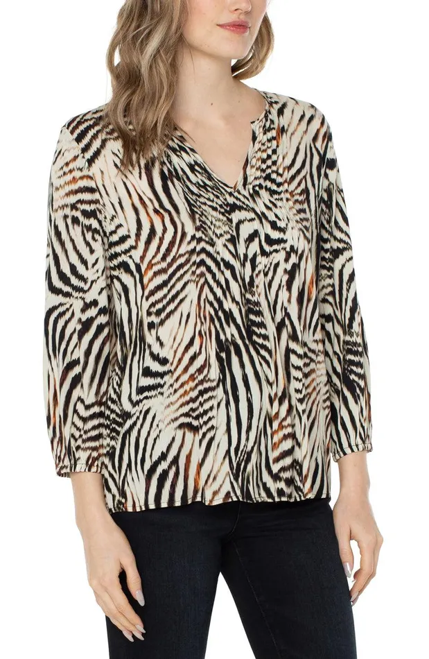 Liverpool Los Angeles 34 SLEEVE PEASANT BLOUSE Allover Patchwork Animal Print Women WOVEN TOPS