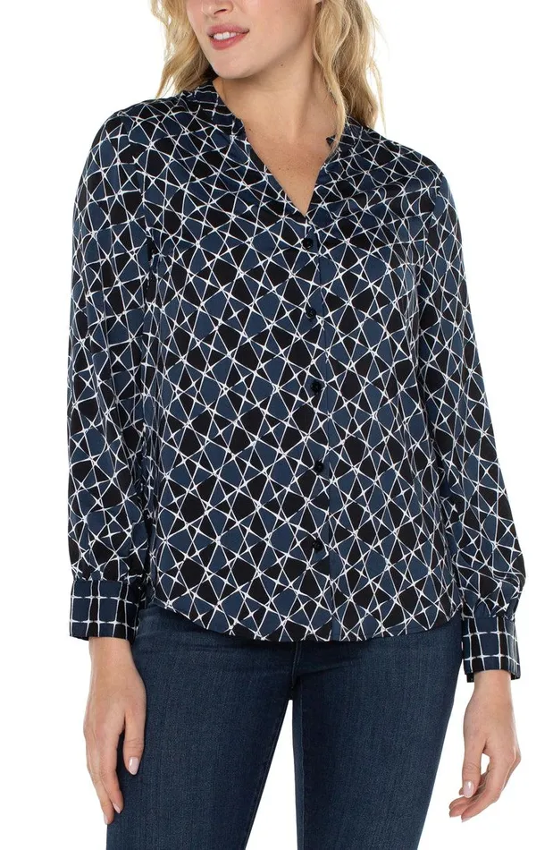 Liverpool Los Angeles BUTTON FRONT SHIRT WITH BANDED COLLAR Stargazing Twin Print Women WOVEN TOPS Liverpool Los Angeles BUTTON FRONT SHIRT WITH BANDED COLLAR Stargazing Twin Print Women WOVEN TOPS