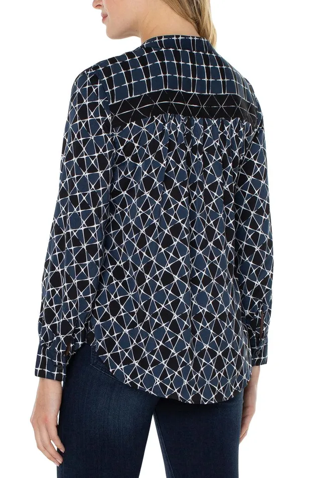 Liverpool Los Angeles BUTTON FRONT SHIRT WITH BANDED COLLAR Stargazing Twin Print Women WOVEN TOPS