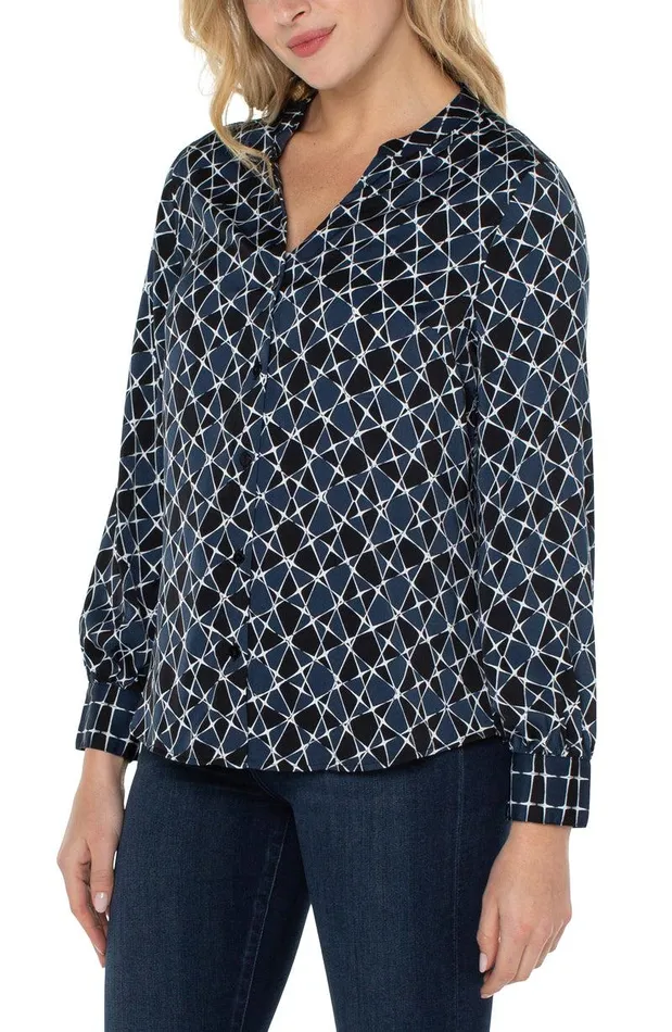 Liverpool Los Angeles BUTTON FRONT SHIRT WITH BANDED COLLAR Stargazing Twin Print Women WOVEN TOPS