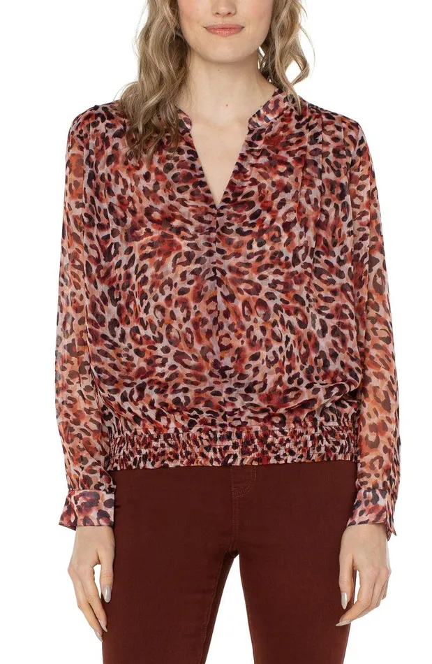 Liverpool Los Angeles LONG SLEEVE BLOUSE WITH SMOCKED WAISTBAND Watercolor Cheetah Print Women WOVEN TOPS Liverpool Los Angeles LONG SLEEVE BLOUSE WITH SMOCKED WAISTBAND Watercolor Cheetah Print Women WOVEN TOPS