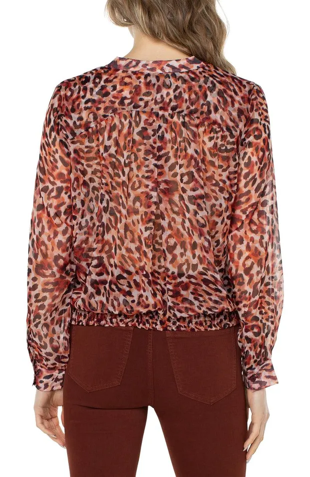 Liverpool Los Angeles LONG SLEEVE BLOUSE WITH SMOCKED WAISTBAND Watercolor Cheetah Print Women WOVEN TOPS