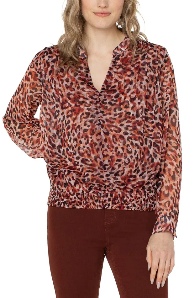 Liverpool Los Angeles LONG SLEEVE BLOUSE WITH SMOCKED WAISTBAND Watercolor Cheetah Print Women WOVEN TOPS