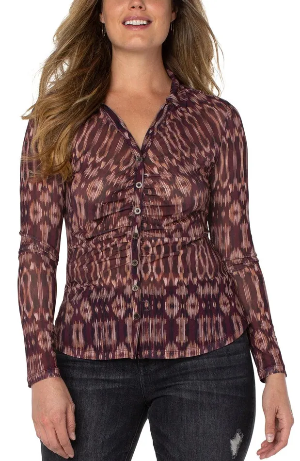 Liverpool Los Angeles LONG SLEEVE MESH BUTTON FRONT KNIT Burgundy Ikat Women WOVEN TOPS Liverpool Los Angeles LONG SLEEVE MESH BUTTON FRONT KNIT Burgundy Ikat Women WOVEN TOPS