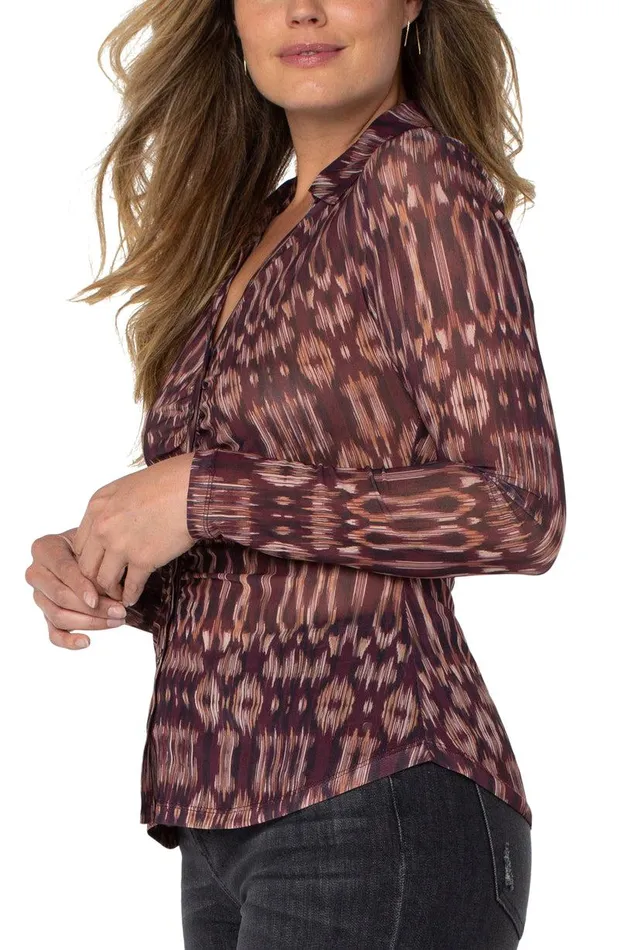 Liverpool Los Angeles LONG SLEEVE MESH BUTTON FRONT KNIT Burgundy Ikat Women WOVEN TOPS