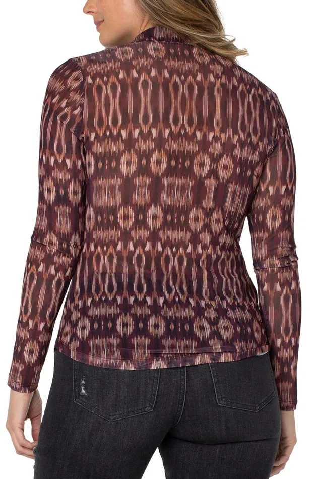 Liverpool Los Angeles LONG SLEEVE MESH BUTTON FRONT KNIT Burgundy Ikat Women WOVEN TOPS