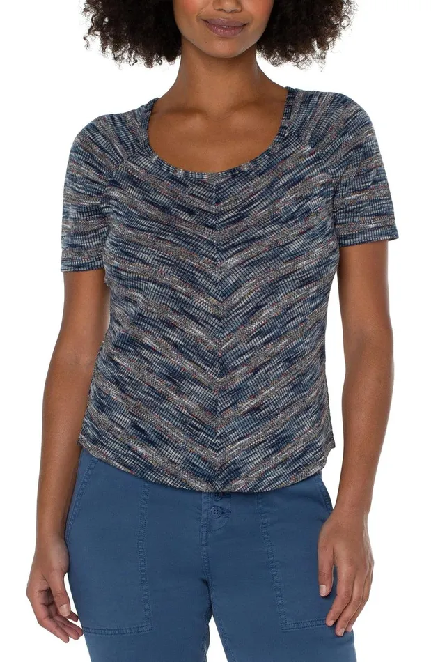 Liverpool Los Angeles SHIRRED SHORT SLEEVE KNIT TEE Multi Spacedye Stripe Women KNIT TOPS