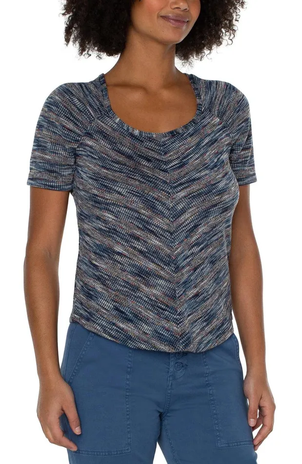 Liverpool Los Angeles SHIRRED SHORT SLEEVE KNIT TEE Multi Spacedye Stripe Women KNIT TOPS