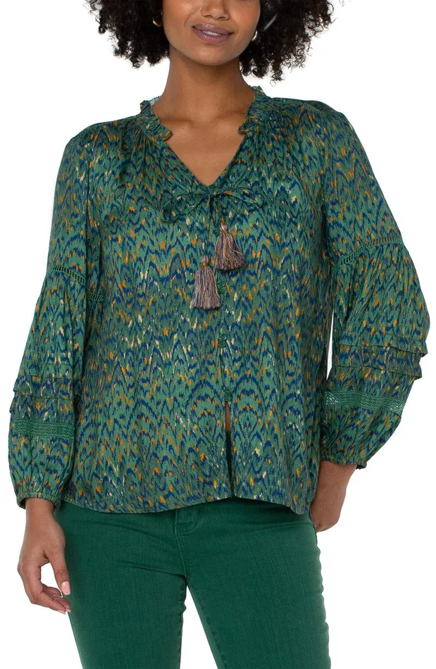 Liverpool Los Angeles TIE FRONT POPOVER SHIRRED BLOUSE Emerald Ikat Print Women WOVEN TOPS Liverpool Los Angeles TIE FRONT POPOVER SHIRRED BLOUSE Emerald Ikat Print Women WOVEN TOPS