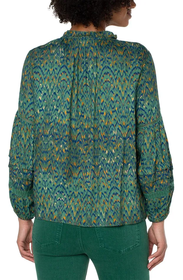 Liverpool Los Angeles TIE FRONT POPOVER SHIRRED BLOUSE Emerald Ikat Print Women WOVEN TOPS