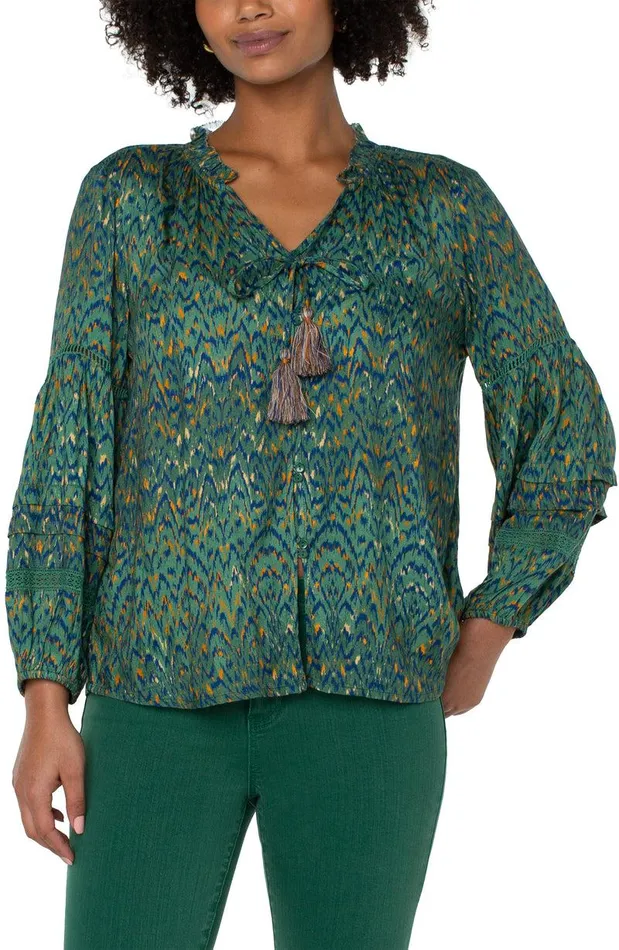 Liverpool Los Angeles TIE FRONT POPOVER SHIRRED BLOUSE Emerald Ikat Print Women WOVEN TOPS