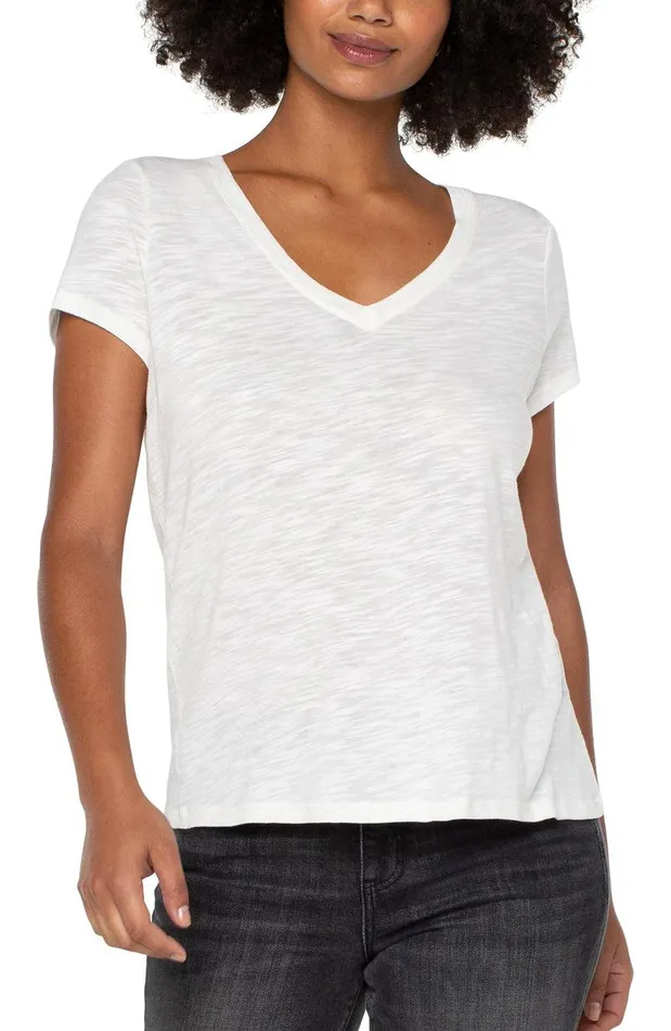 Liverpool Los Angeles VNECK SLUB KNIT TEE Vintage White Women TSHIRTS
