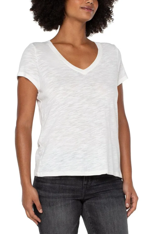 Liverpool Los Angeles VNECK SLUB KNIT TEE Vintage White Women TSHIRTS