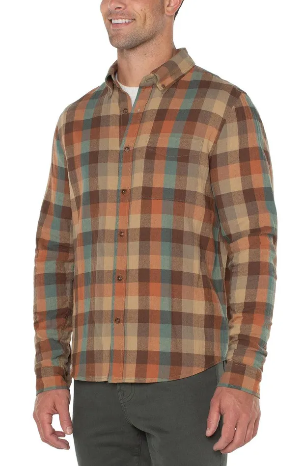 Liverpool Los Angeles WOVEN BUTTON UP SHIRT Teal Rust Multi Men BUTTON DOWNS