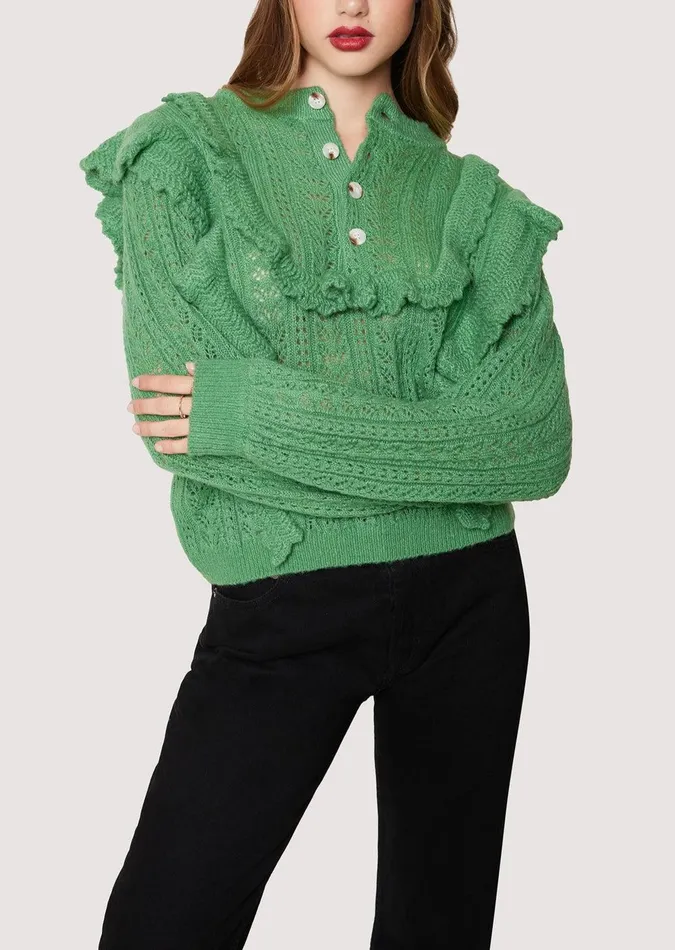 Maddy Ruffle Polo Top Sagegreen Women Lost Wander Sweaters
