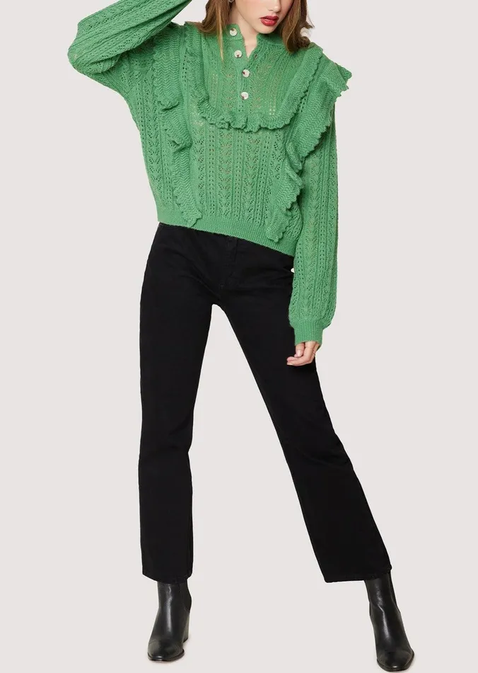 Maddy Ruffle Polo Top Sagegreen Women Lost Wander Sweaters