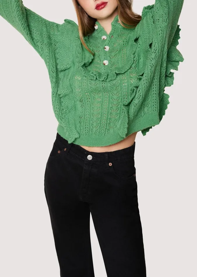 Maddy Ruffle Polo Top Sagegreen Women Lost Wander Sweaters