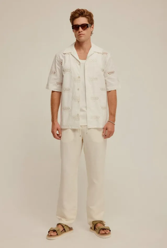Man Venroy Shirts Embroidered Relaxed Cotton Camp Collar