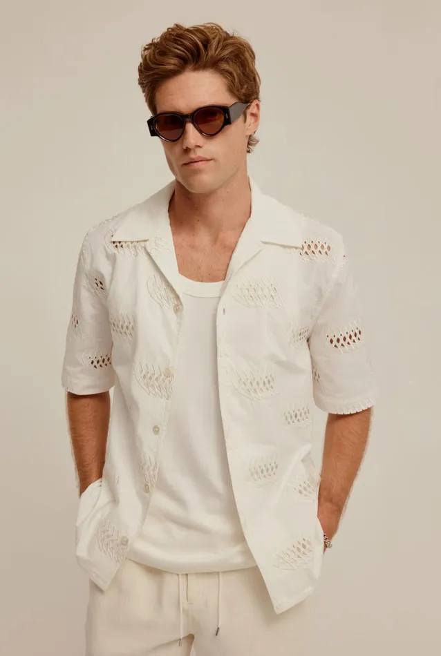 Man Venroy Shirts Embroidered Relaxed Cotton Camp Collar