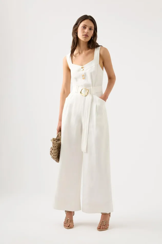 Maya Pintuck Wide Leg Jumpsuit Ivory Women Aje Jumpsuits 038 Playsuits