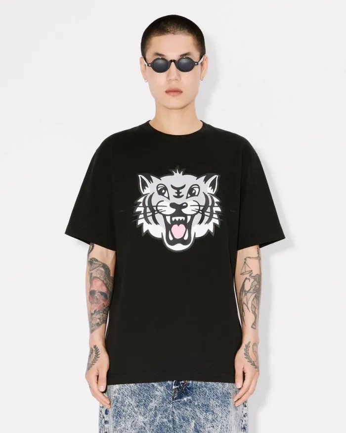 Men 039KENZO Happy Tiger039 Tshirt In Cotton Black Kenzo Tshirts And Polos