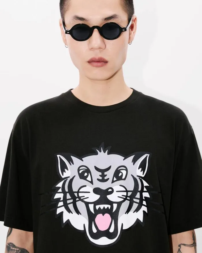 Men 039KENZO Happy Tiger039 Tshirt In Cotton Black Kenzo Tshirts And Polos