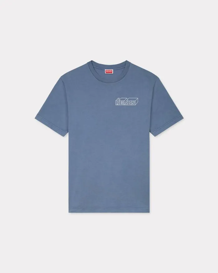 Men 039KENZO Kube039 Tshirt In Cotton Blue Kenzo Tshirts And Polos