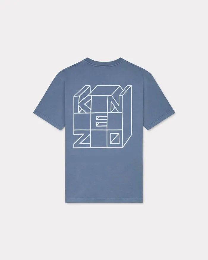 Men 039KENZO Kube039 Tshirt In Cotton Blue Kenzo Tshirts And Polos