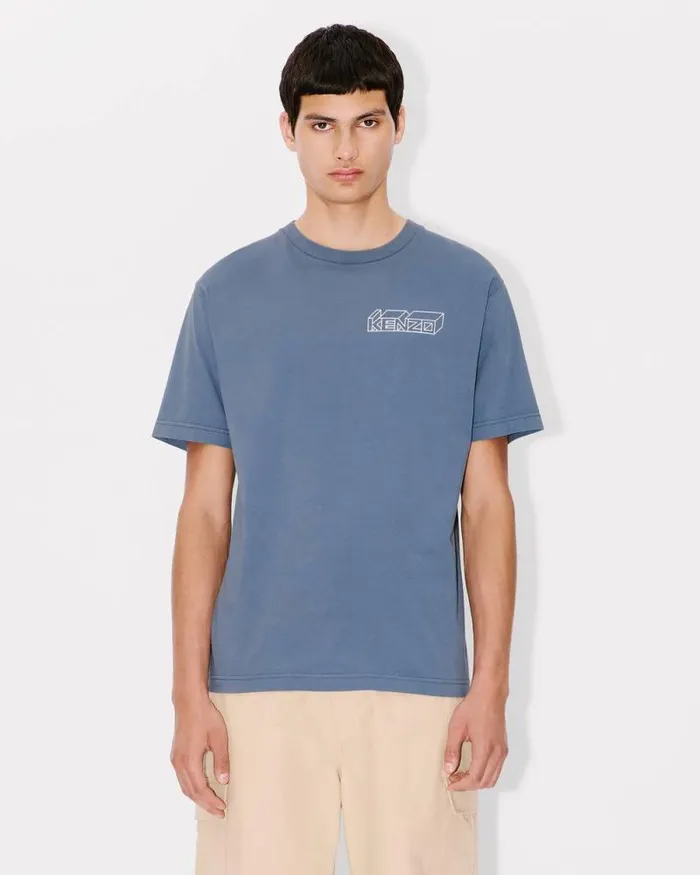 Men 039KENZO Kube039 Tshirt In Cotton Blue Kenzo Tshirts And Polos