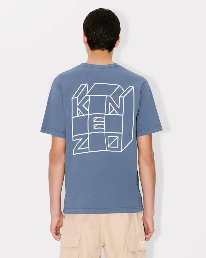 Men 039KENZO Kube039 Tshirt In Cotton Blue Kenzo Tshirts And Polos