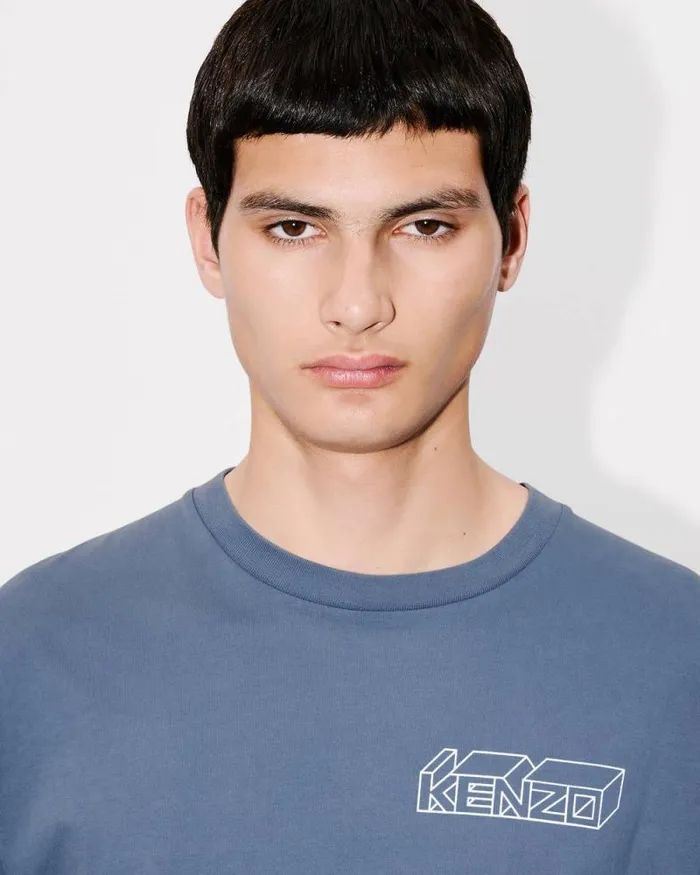 Men 039KENZO Kube039 Tshirt In Cotton Blue Kenzo Tshirts And Polos