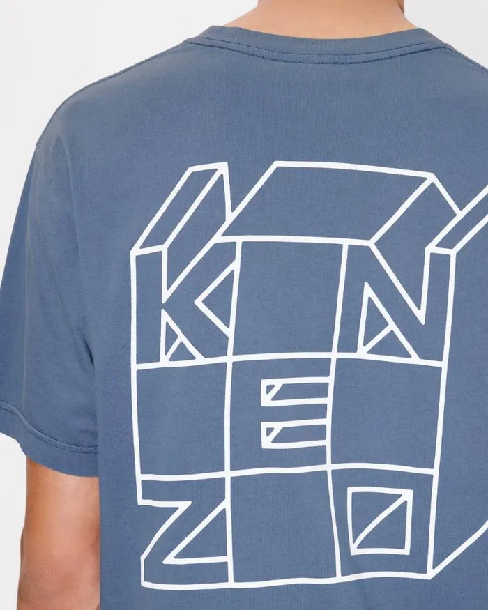 Men 039KENZO Kube039 Tshirt In Cotton Blue Kenzo Tshirts And Polos