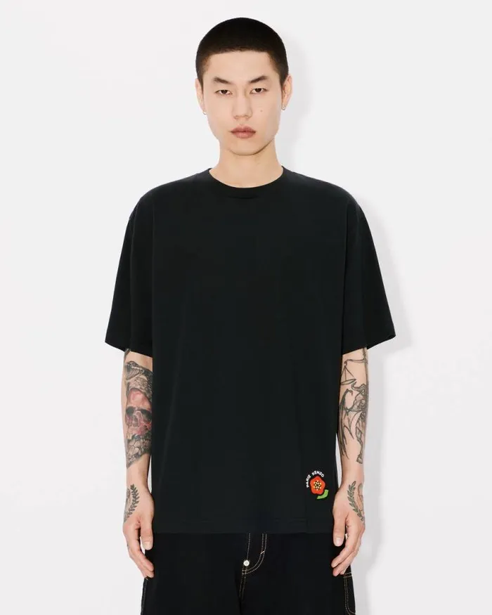 Men 039KENZO Pop039 Embroidered Oversized Tshirt In Cotton Black Kenzo Tshirts And Polos