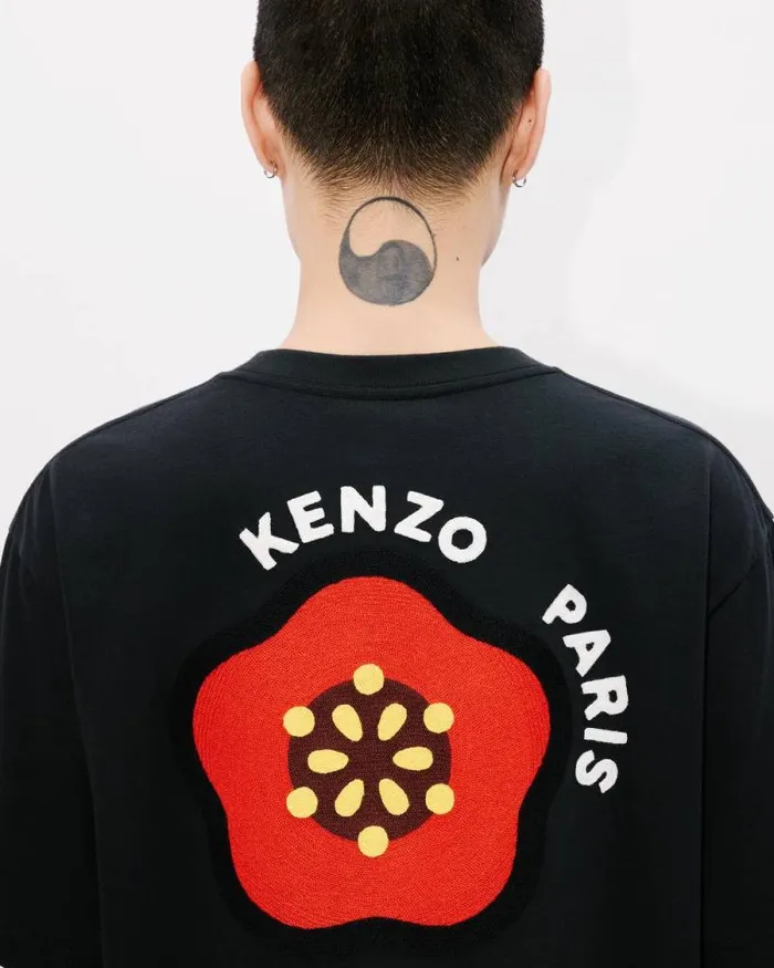 Men 039KENZO Pop039 Embroidered Oversized Tshirt In Cotton Black Kenzo Tshirts And Polos