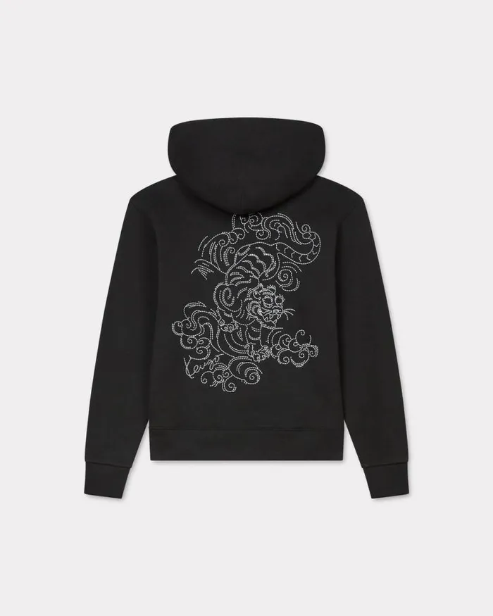 Men 039KENZO Star Tiger039 Embroidered Hoodie In Cotton Black Kenzo Sweatshirts And Hoodies
